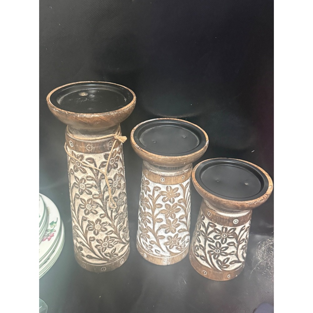 Set of 3 Hand Carved Floral Wood Pillar Candle Holders Rustic White Wash Boho - Picture 2 of 2